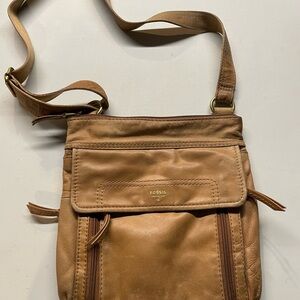 Fossil Camel Brown Leather Sling Crossbody Shoulder messenger bag